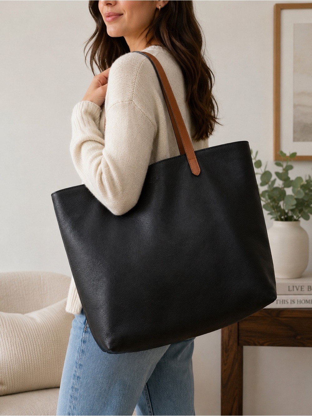 Madewell Leather Tote Bag Black Brown Shoulder Shopper Large Carryall